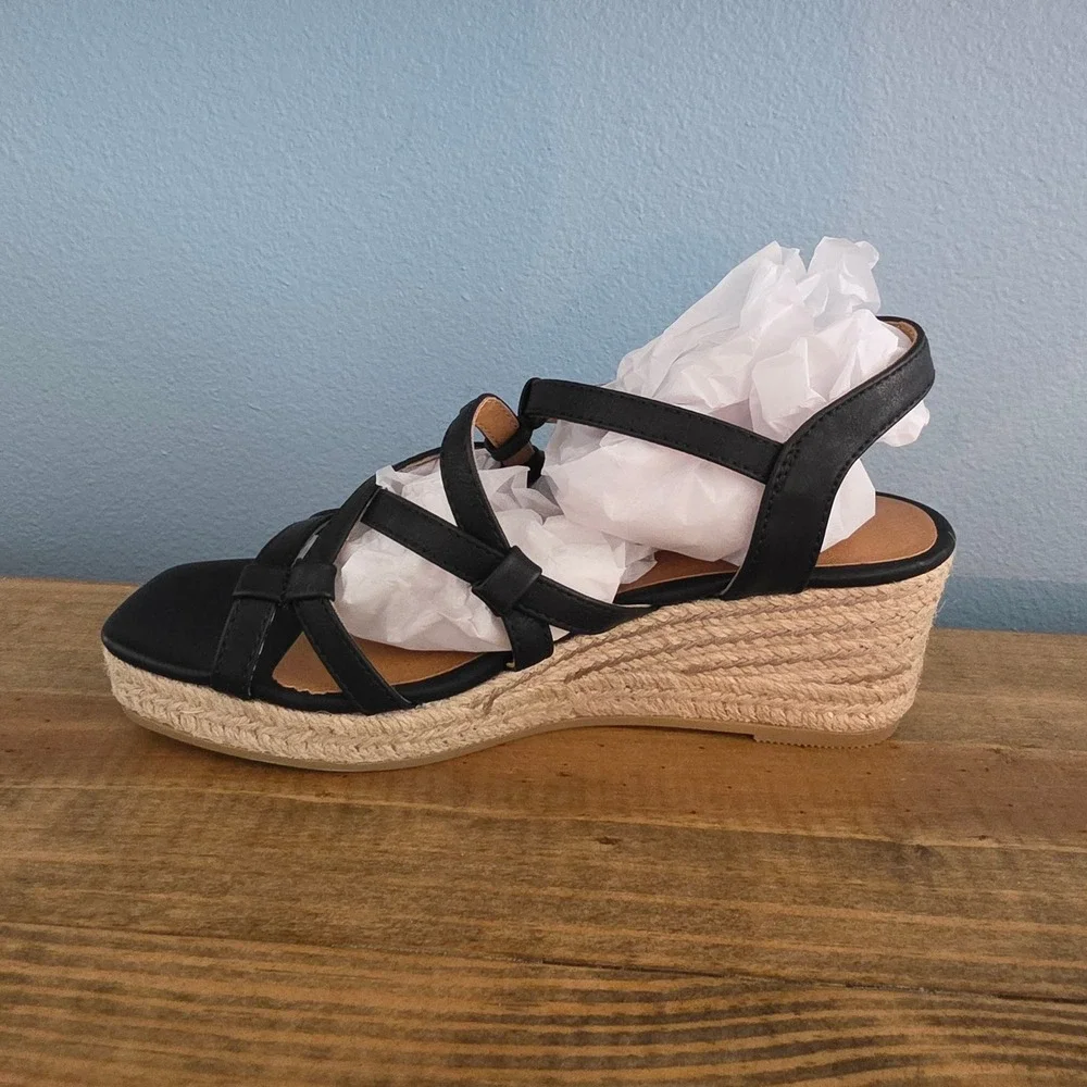 White‎ Mountain Womens Swayze Espadrille Wedge Sandal Black Strappy Buckle 6.5